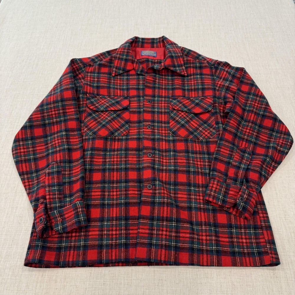 Vintage Pendleton Shirt Mens Large Red Tartan Wool Flannel USA Prince Charles